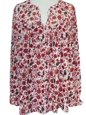 Lane Bryant Floral Sheer Boho Tunic Top Tie Neck Burgundy Cottage Boho-22/24